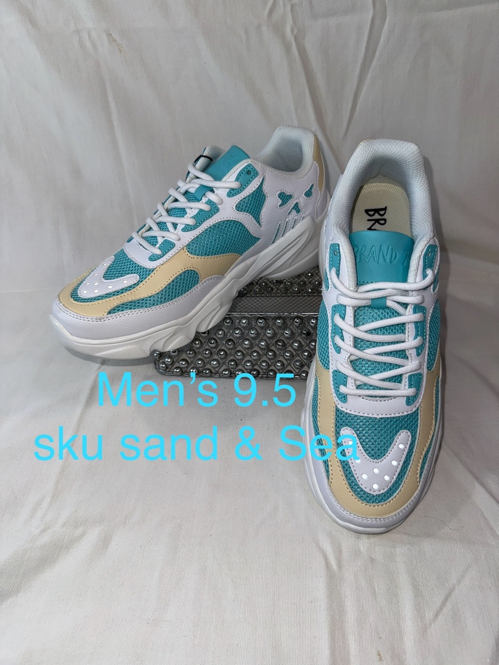 Men's 9.5, Women’s 11, Sand and Sea color war with White, Teal Athletic Sneakers